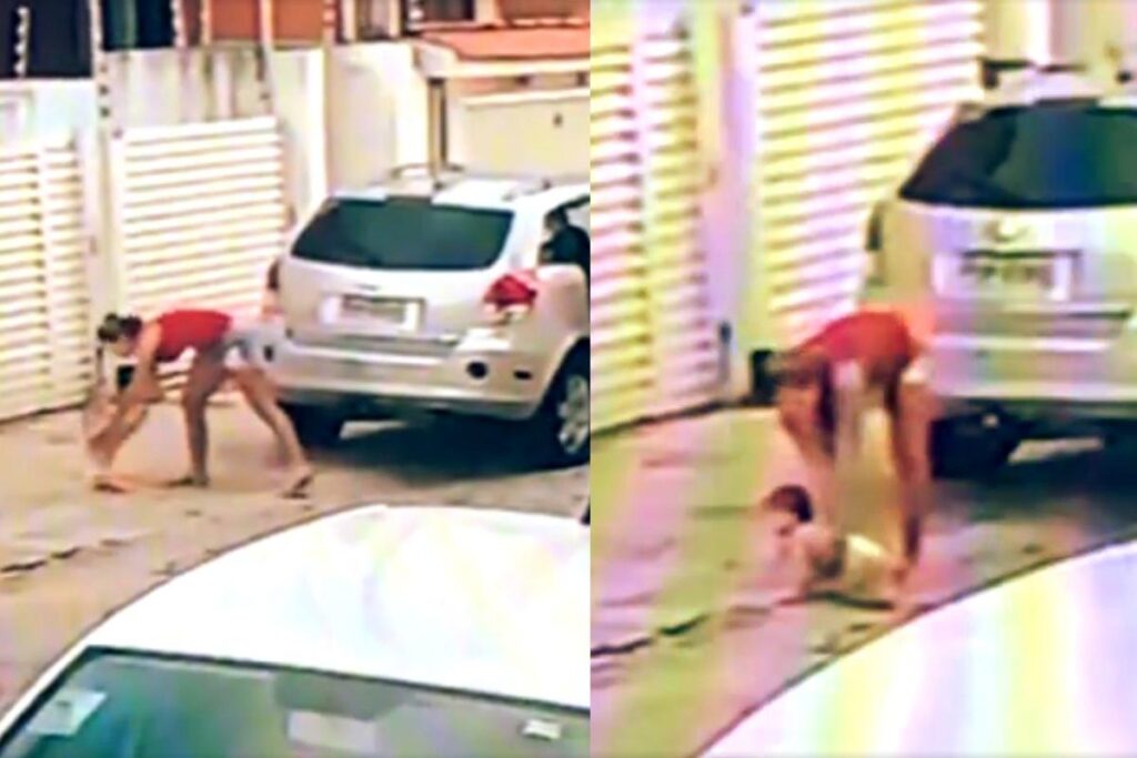 Beatriz Fernandes deixando a filha na calçada na porta da casa do ex-namorado