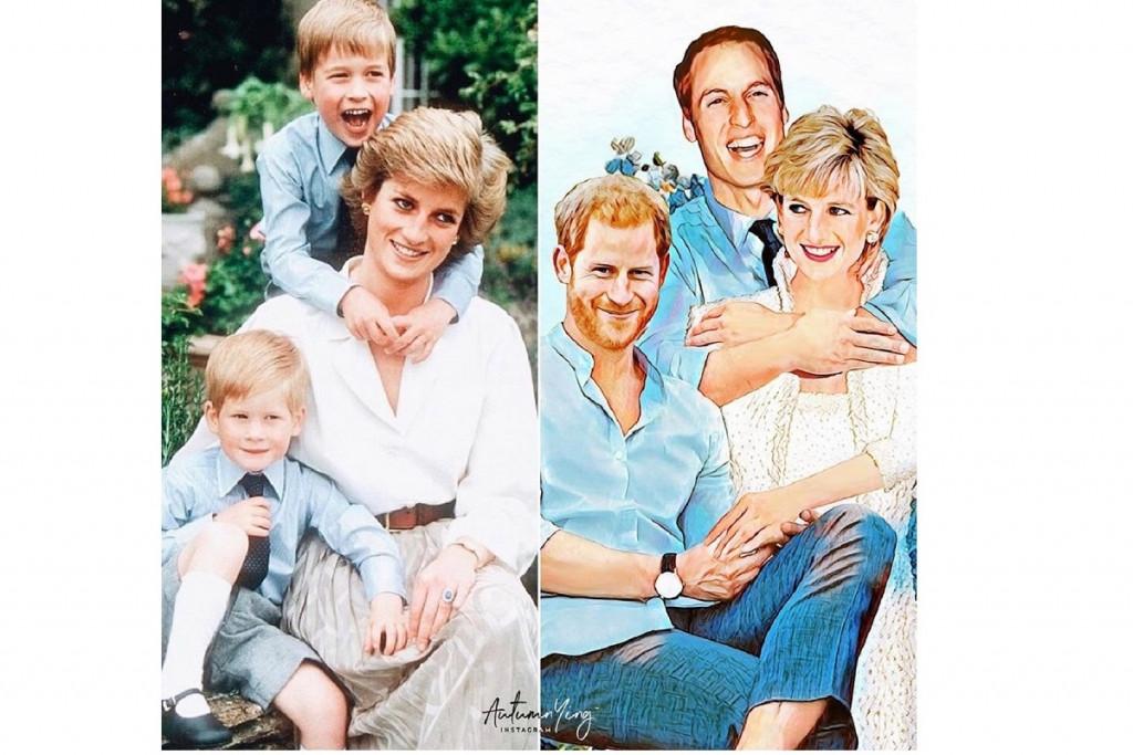 Diana com os filhos, Willian e Harry, em  releitura de foto antiga