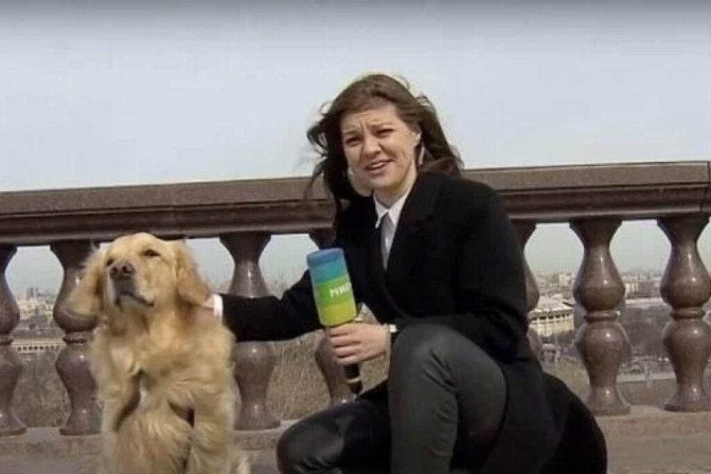 A repórter russa tomou um susto quando o pet pegou o microfone ao vivo