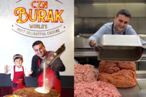 Burak Özdemir e hamburguer gigante com fritas