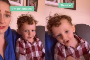 A esquerda uma foto normal do filho com os aparelhos auditivos, a direita a foto tirada na escola
