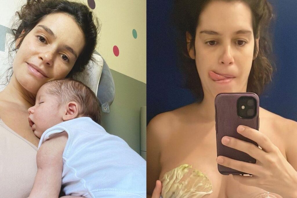 Maria Flor publicou a foto com um repolho no seio para ajudar a “sugar” o leite
