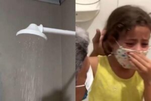 A menina chorou ao ver o chuveiro com água quente pela primeira vez