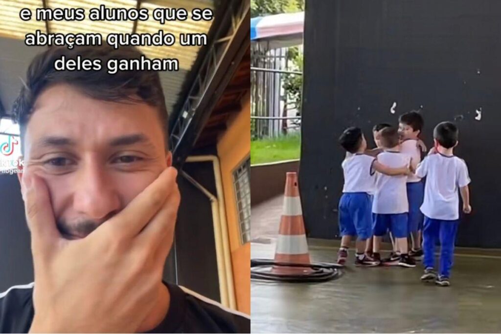 As crianças se abraçam independente de quem ganha no esporte