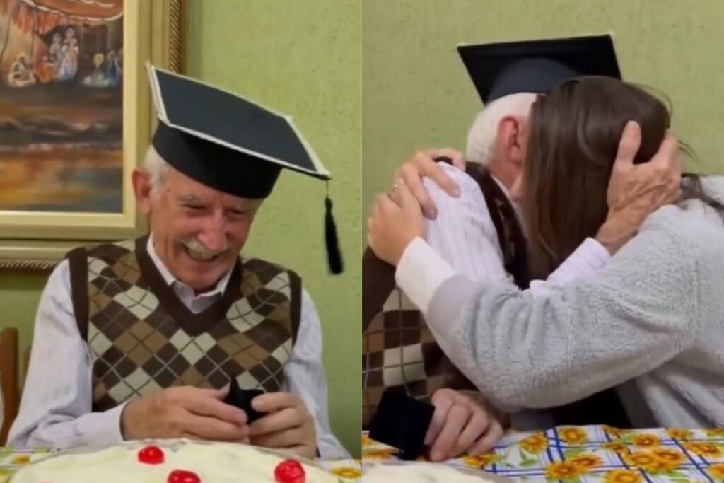 O avô ficou muito feliz ao ganhar o anel de formatura