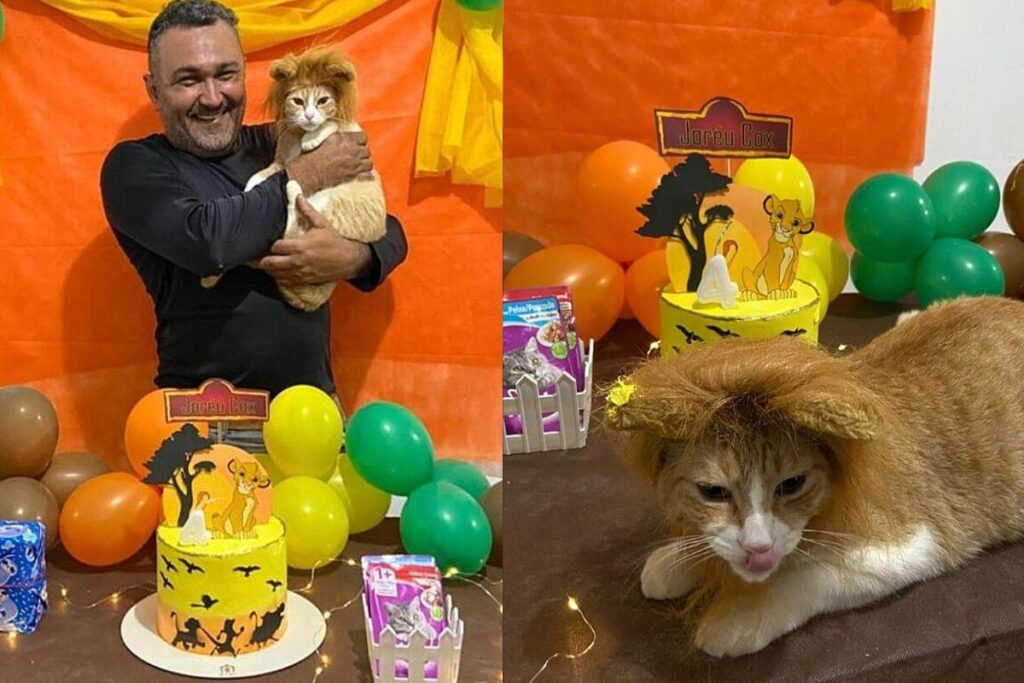 Tatiana, seu pai e o gato Joréu na festa de aniversário do felino