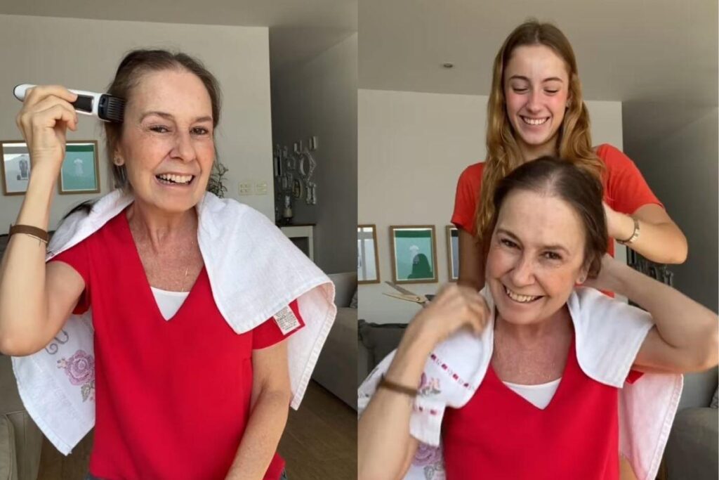 Filha de jornalista Susana Naspolini ajuda a mãe a raspar a cabeça após quedas de cabelo causadas pelo tratamento de câncer