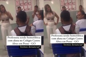 Momento em que a mulher ofende o aluno por homofobia