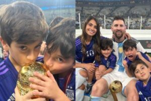 Filhos de Messi surgiram beijando a taça