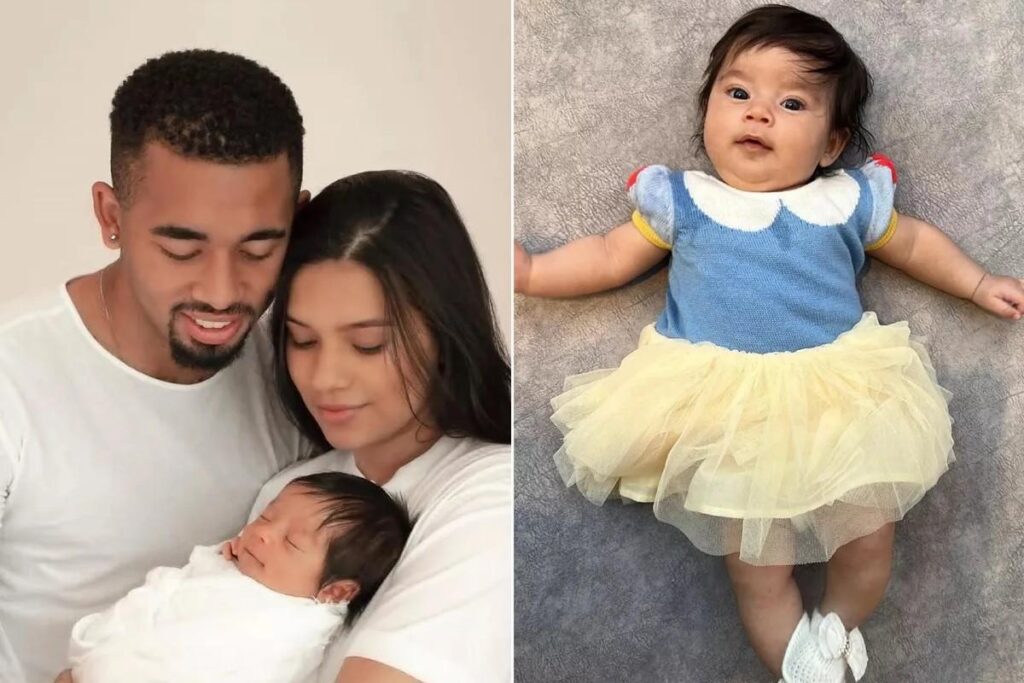 Raiane Lima e Gabriel Jesus assumiram relação publicamente em julho de 2021. Juntos, eles são pais de Helena, de 5 meses