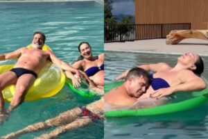 A atriz curtiu um dia de piscina com o marido