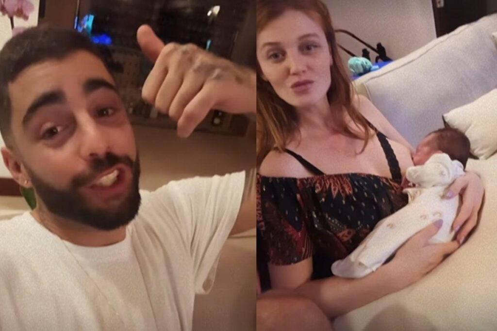 Pedro Scooby e Cintia Dicker com a filha, Aurora, após a alta da UTI