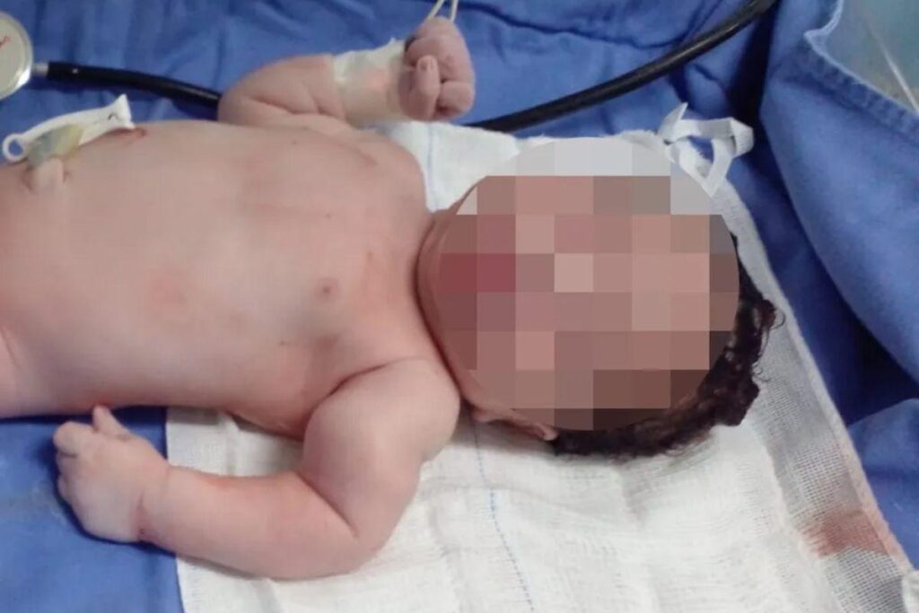 O bebê teve o braço quebrado durante o parto