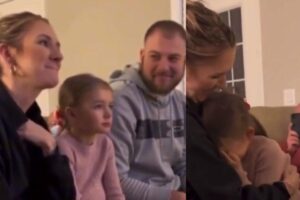 Lillian com os pais vendo o vídeo surpresa