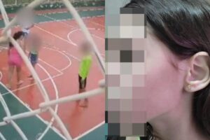 As câmeras filamaram e outras crianças presenciaram toda ação da mulher na quadra do condomínio