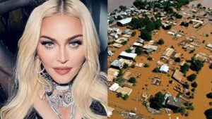 Montagem com foto de Madonna e enchentes no RS