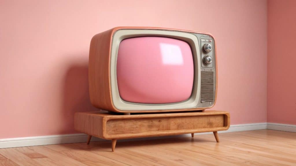 Televisão retrô com tela rosa em frente a parede rosa.