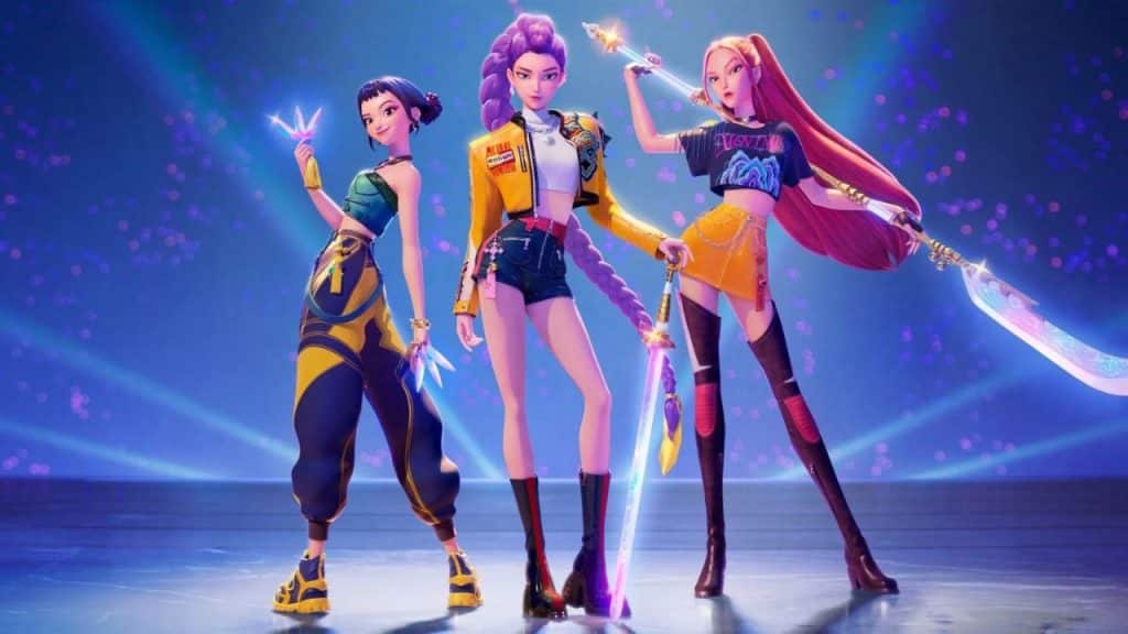 Três personagens do filme Guerreiras do K-pop.